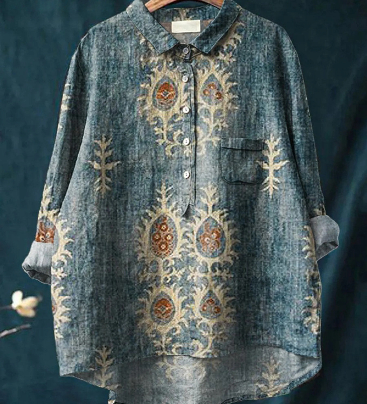 Diana - Casual Vintage Etnická Košile s Květinovým Vzorem
