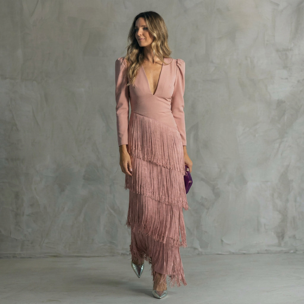 Gabriela - Dlouhé šaty s třásněmi a výstřihem do V